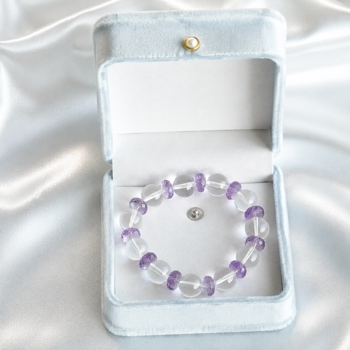Natural Clear Quartz & Brazilian Amethyst Designer Bracelet – 12mm High-Clarity Quartz with Faceted Amethyst