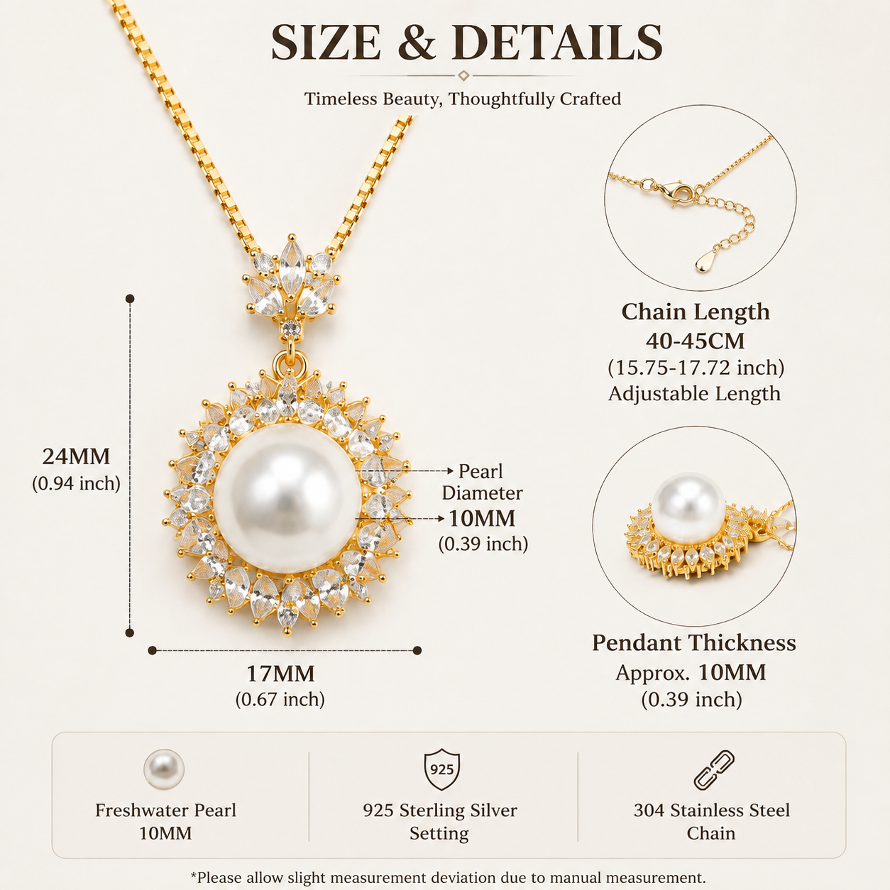 10mm Freshwater Pearl Pendant Necklace, 925 Sterling Silver Halo Pearl Jewelry