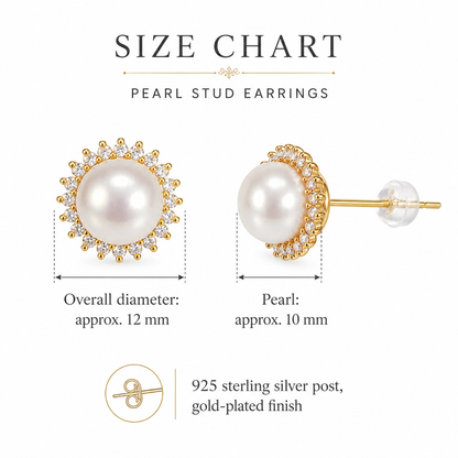 Sunflower Halo Freshwater Pearl Stud Earrings, Approx. 8mm & 10mm Pearl, S925 Sterling Silver Gold Plated Earrings for Women
