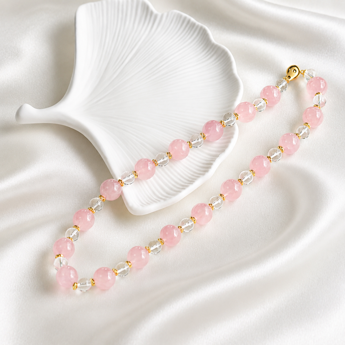 Natural Rose Quartz & Clear Quartz Necklace | Original Handmade Design with 13mm Rose Quartz