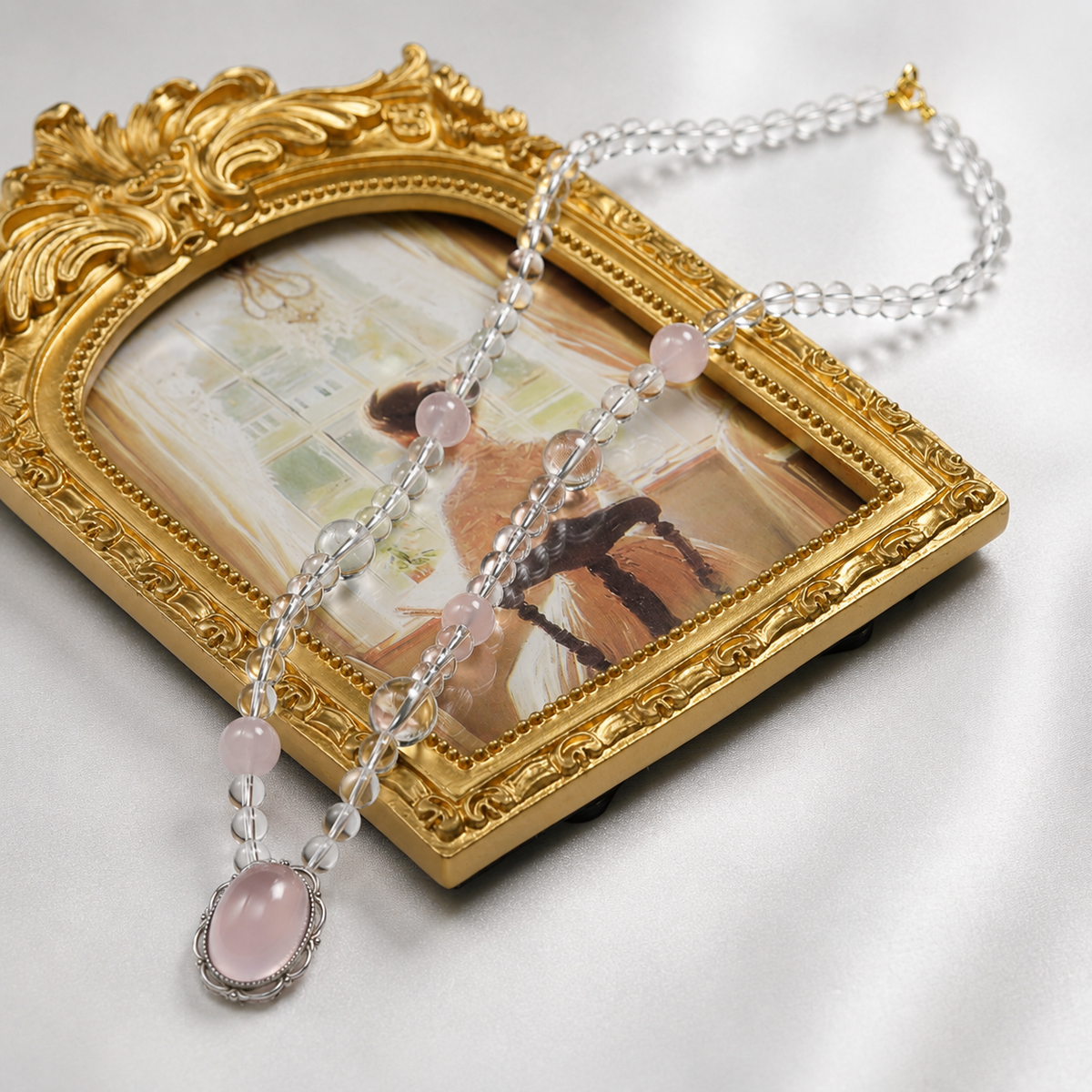 Artisan-Designed Natural Clear Quartz & Rose Quartz Necklace | Handcrafted 925 Sterling Silver Pendant