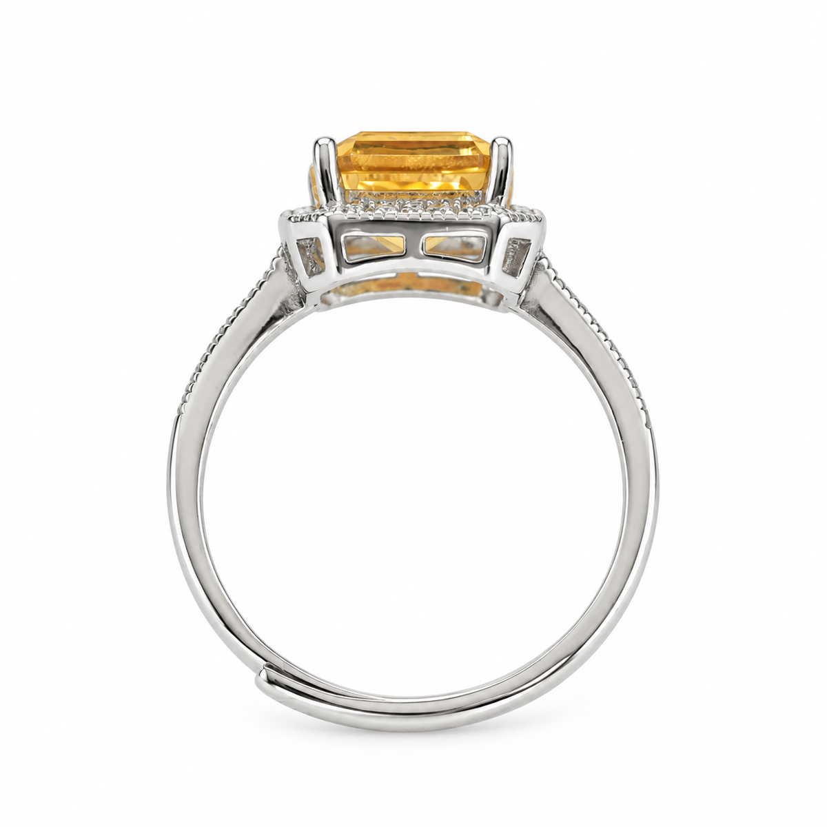 3 Carat Natural Citrine Halo Ring – Emerald-Cut 925 Sterling Silver Adjustable Statement Ring
