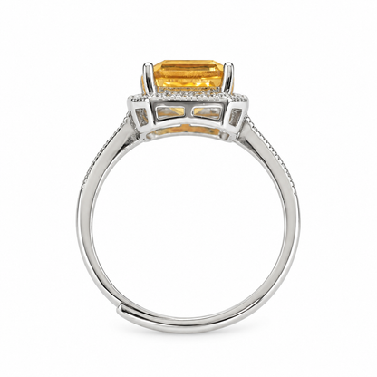 3 Carat Natural Citrine Halo Ring – Emerald-Cut 925 Sterling Silver Adjustable Statement Ring