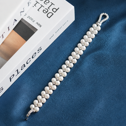 Handcrafted Double Row Freshwater Pearl Bracelet, 6mm Pearl Beaded Bracelet with CZ Crystal Clasp, Elegant Jewelry Gift for Women