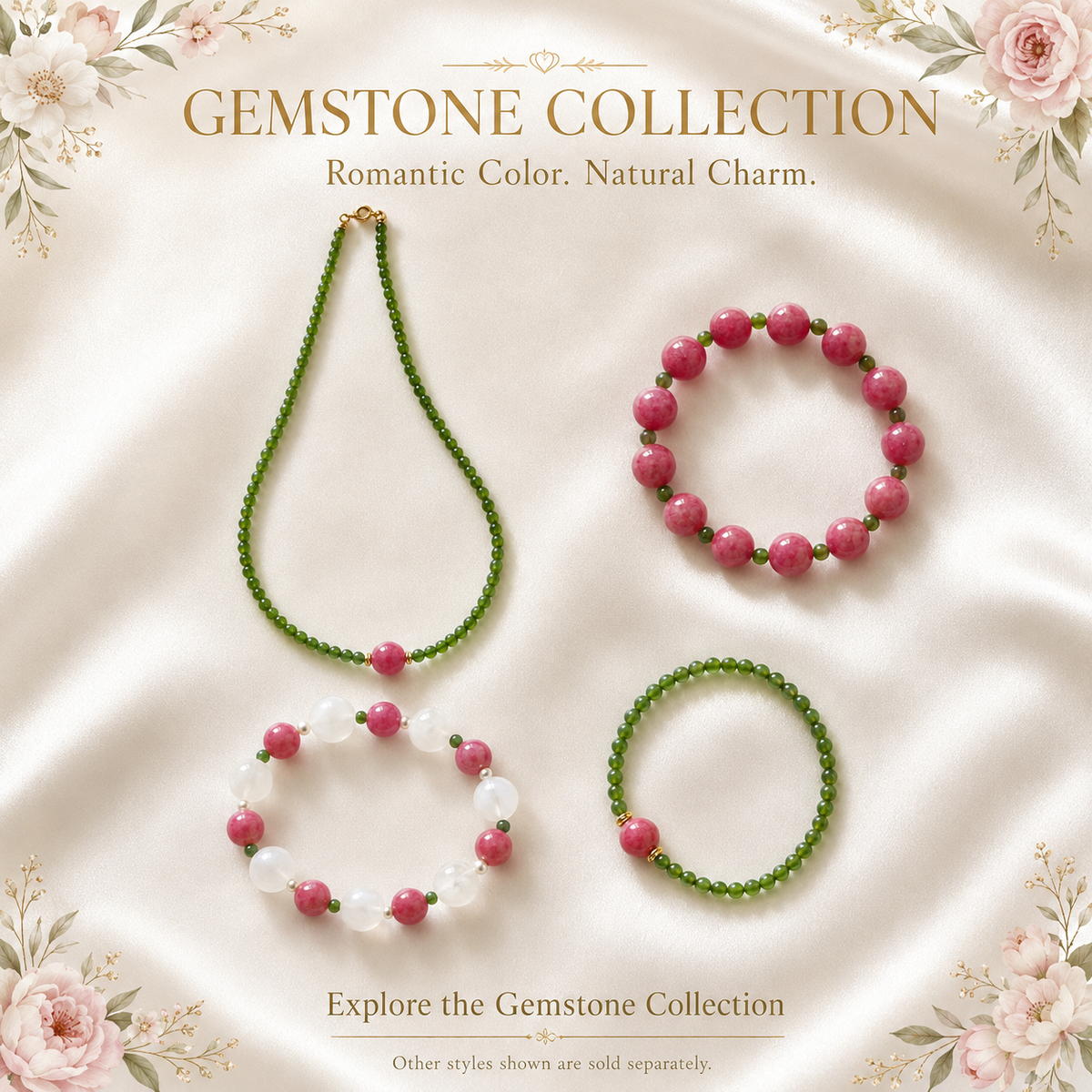 Natural Rhodonite & Green Nephrite Jade Bracelet for Women