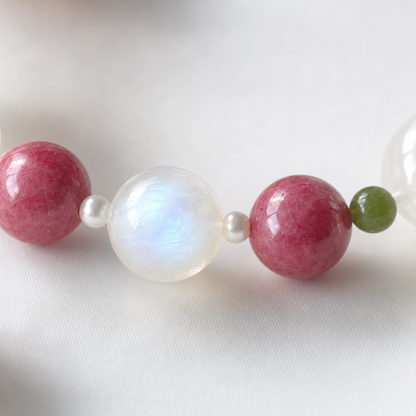 Natural Moonstone, Rhodonite, Nephrite Jade & Freshwater Pearl Bracelet – Handmade Gemstone Gift for Her