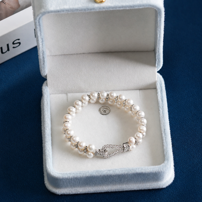 Handcrafted Double Row Freshwater Pearl Bracelet, 6mm Pearl Beaded Bracelet with CZ Crystal Clasp, Elegant Jewelry Gift for Women