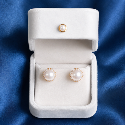 Sunflower Halo Freshwater Pearl Stud Earrings, Approx. 8mm & 10mm Pearl, S925 Sterling Silver Gold Plated Earrings for Women