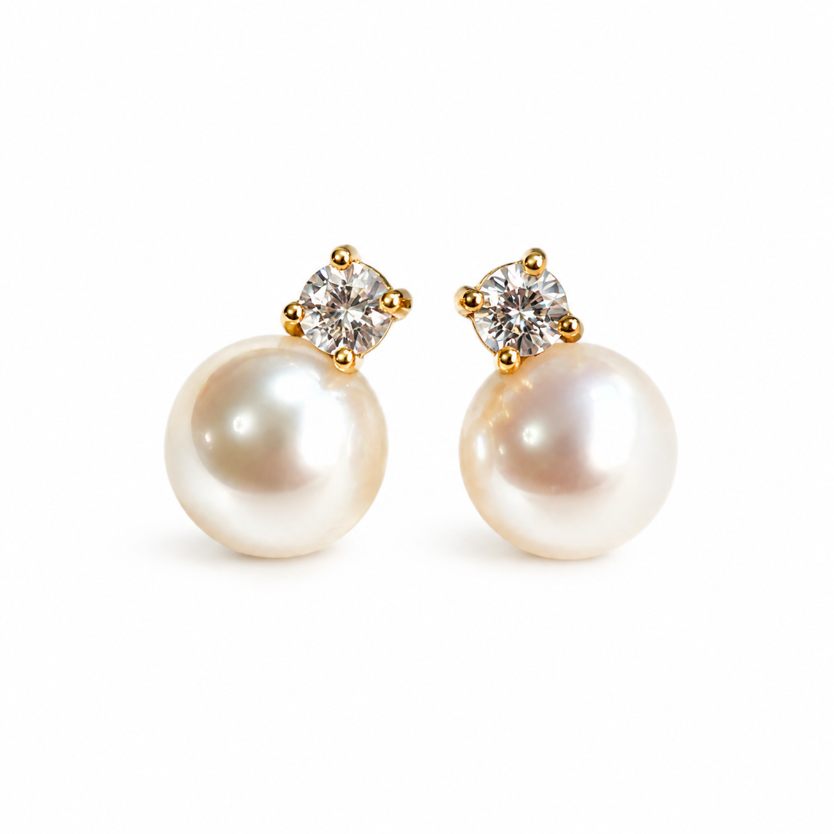 Freshwater Pearl Sparkling Stud Earrings – 8mm / 10mm – S925 Sterling Silver Posts – Gold / Silver