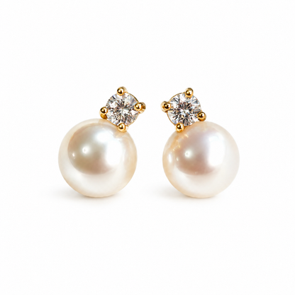 Freshwater Pearl Sparkling Stud Earrings – 8mm / 10mm – S925 Sterling Silver Posts – Gold / Silver