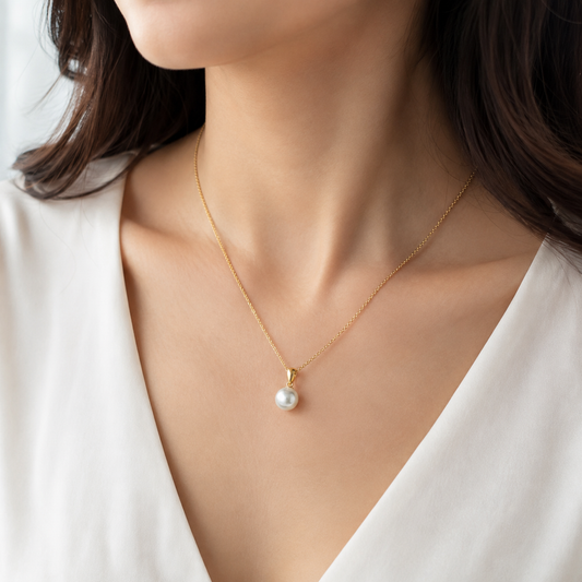 10mm Freshwater Pearl Pendant Necklace with 925 Sterling Silver Gold-Tone Adjustable Chain