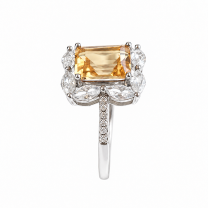 2.4 Carat Natural Citrine Floral Cluster Ring – Emerald-Cut 925 Sterling Silver Adjustable Ring