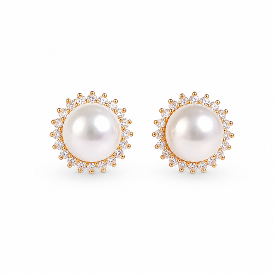 Sunflower Halo Freshwater Pearl Stud Earrings, Approx. 8mm & 10mm Pearl, S925 Sterling Silver Gold Plated Earrings for Women