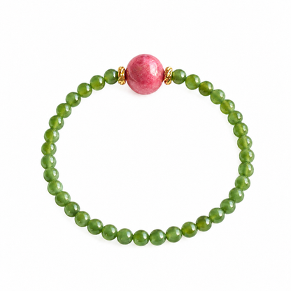 Green Nephrite Jade Bracelet with Natural Rhodonite Accent – Handmade Gemstone Bracelet