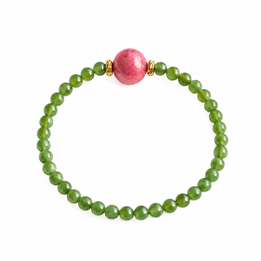 Green Nephrite Jade Bracelet with Natural Rhodonite Accent – Handmade Gemstone Bracelet