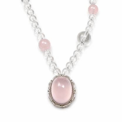 Artisan-Designed Natural Clear Quartz & Rose Quartz Necklace | Handcrafted 925 Sterling Silver Pendant