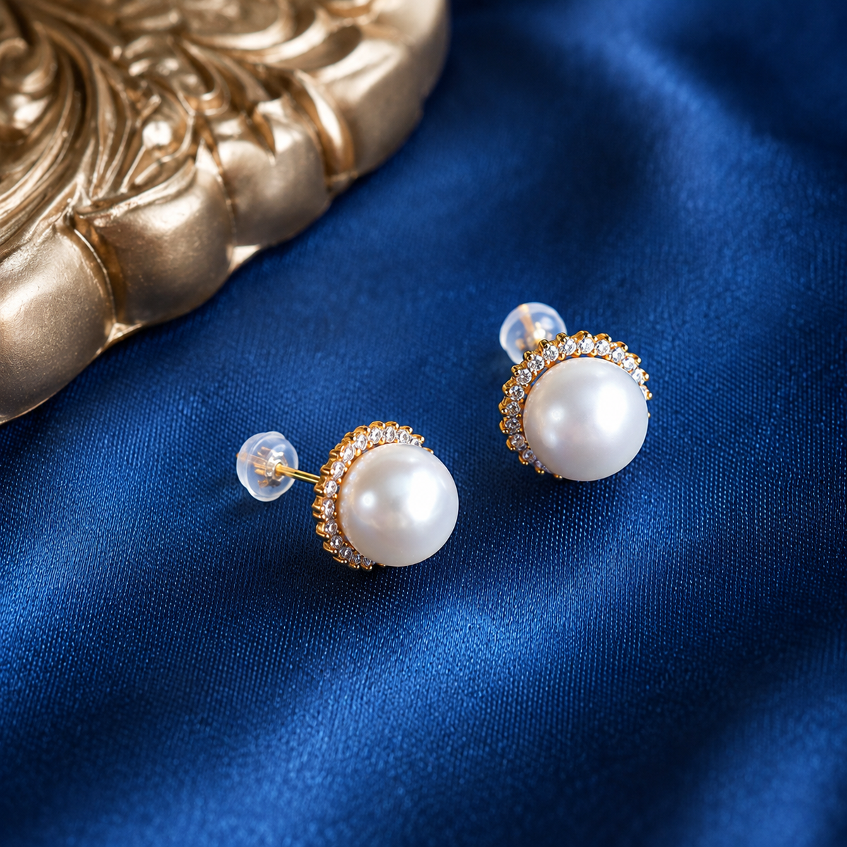 Sunflower Halo Freshwater Pearl Stud Earrings, Approx. 8mm & 10mm Pearl, S925 Sterling Silver Gold Plated Earrings for Women