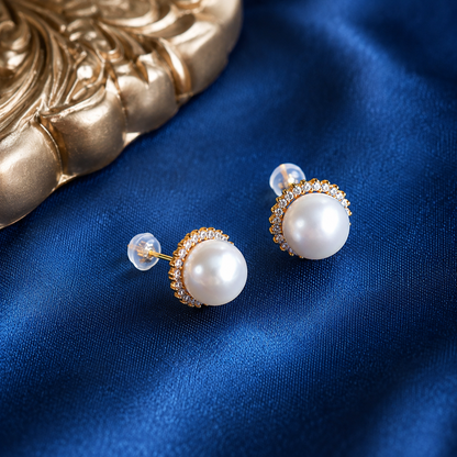 Sunflower Halo Freshwater Pearl Stud Earrings, Approx. 8mm & 10mm Pearl, S925 Sterling Silver Gold Plated Earrings for Women