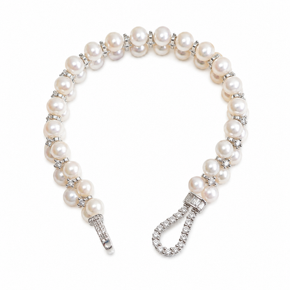 Handcrafted Double Row Freshwater Pearl Bracelet, 6mm Pearl Beaded Bracelet with CZ Crystal Clasp, Elegant Jewelry Gift for Women