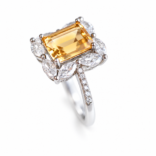 2.4 Carat Natural Citrine Floral Cluster Ring – Emerald-Cut 925 Sterling Silver Adjustable Ring