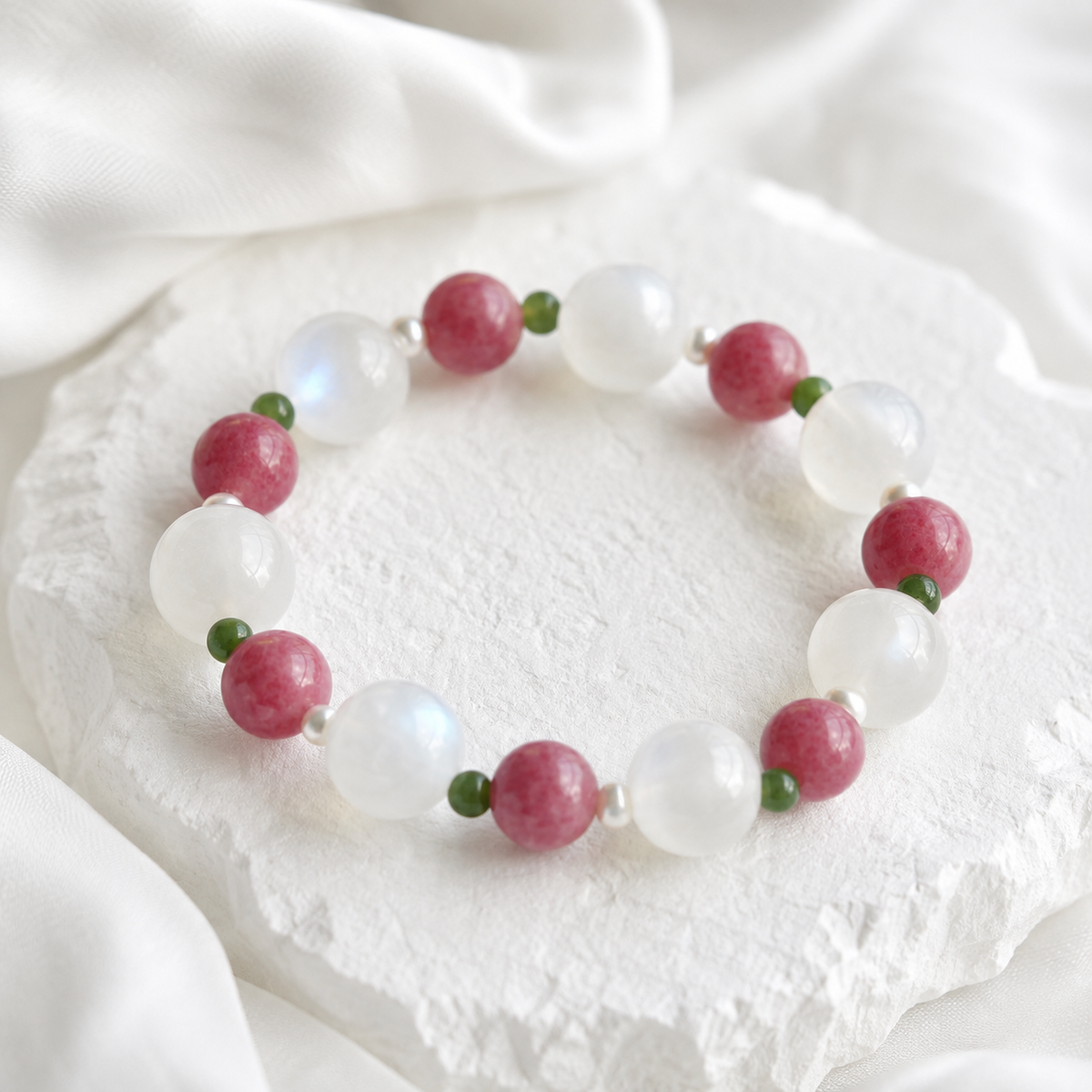 Natural Moonstone, Rhodonite, Nephrite Jade & Freshwater Pearl Bracelet – Handmade Gemstone Gift for Her