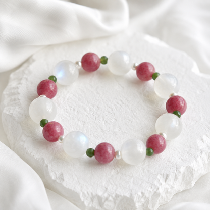 Natural Moonstone, Rhodonite, Nephrite Jade & Freshwater Pearl Bracelet – Handmade Gemstone Gift for Her