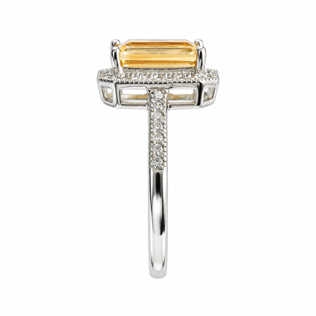 3 Carat Natural Citrine Halo Ring – Emerald-Cut 925 Sterling Silver Adjustable Statement Ring