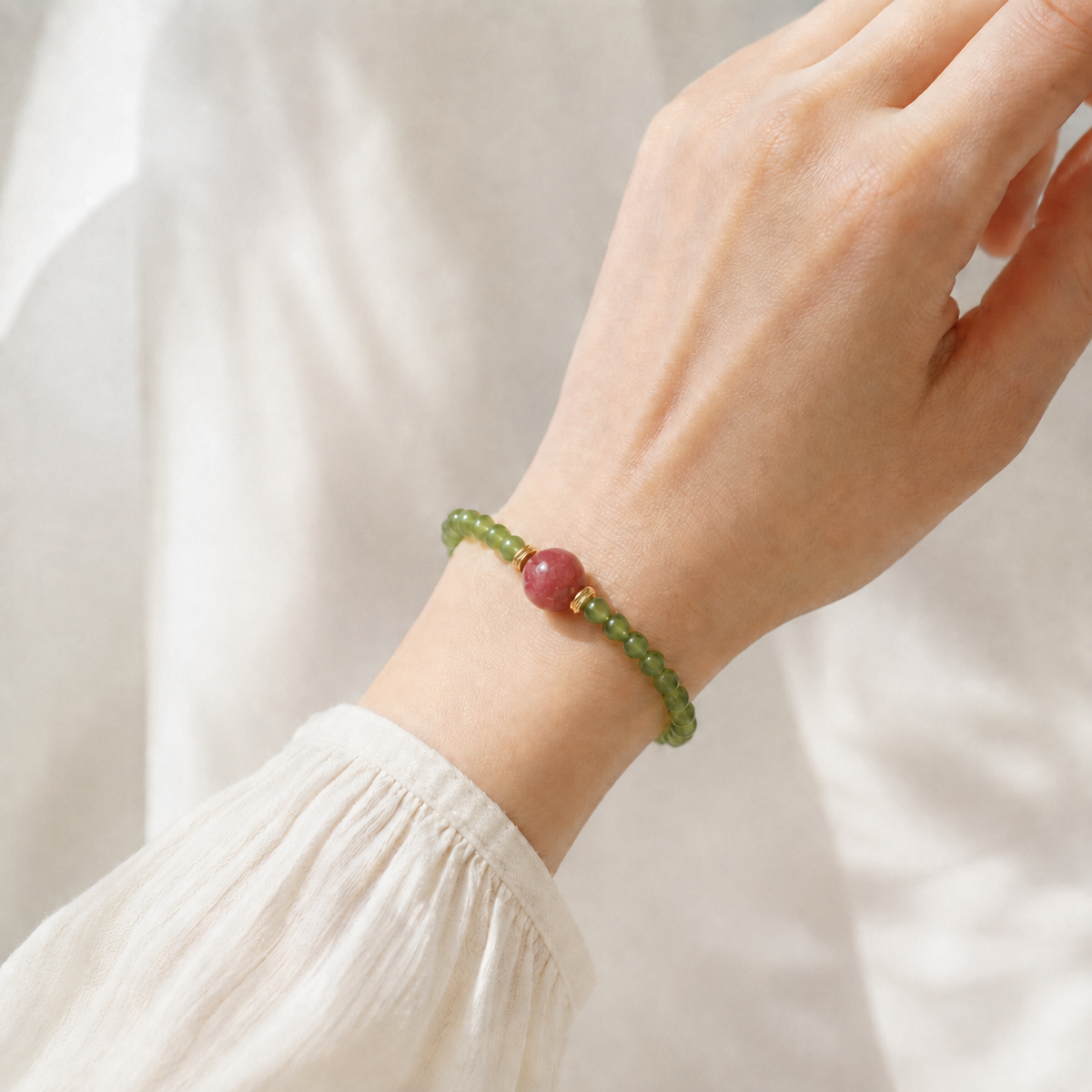 Green Nephrite Jade Bracelet with Natural Rhodonite Accent – Handmade Gemstone Bracelet