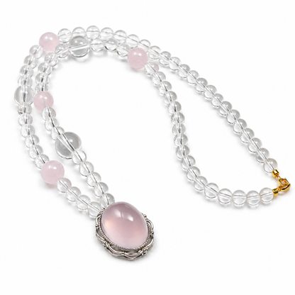 Artisan-Designed Natural Clear Quartz & Rose Quartz Necklace | Handcrafted 925 Sterling Silver Pendant