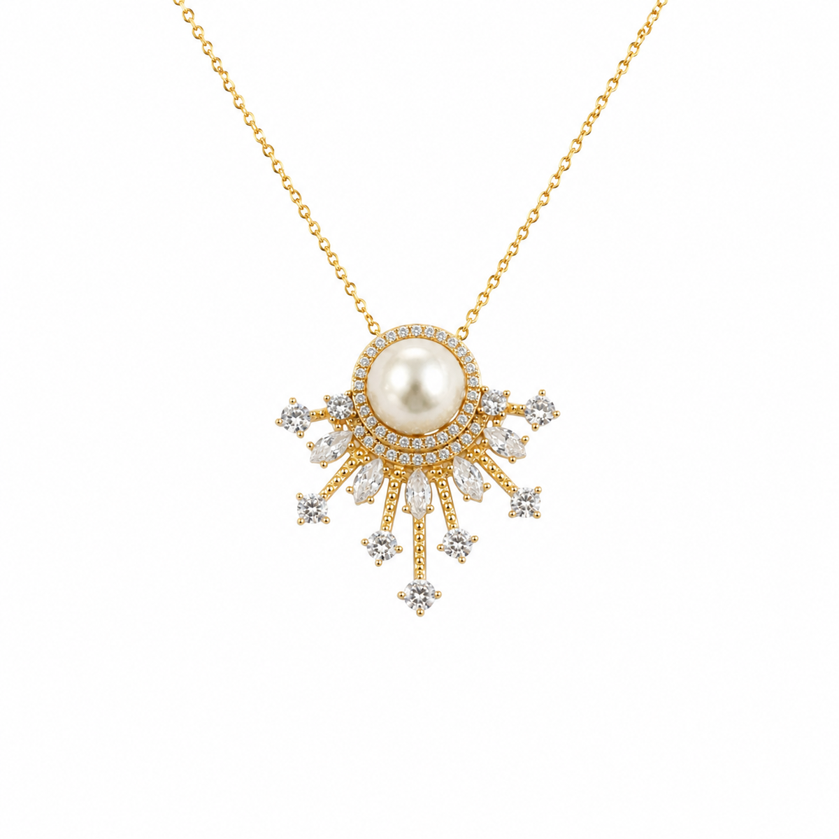 10mm Freshwater Pearl Sunburst Pendant Necklace with 925 Sterling Silver Chain – Elegant Gift for Her