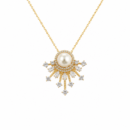 10mm Freshwater Pearl Sunburst Pendant Necklace with 925 Sterling Silver Chain – Elegant Gift for Her