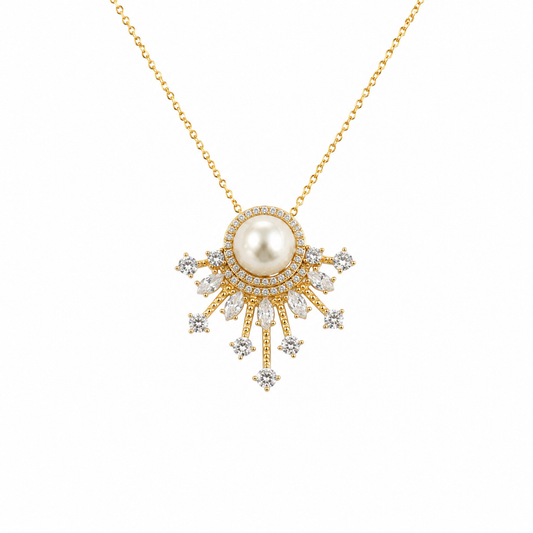 10mm Freshwater Pearl Sunburst Pendant Necklace with 925 Sterling Silver Chain – Elegant Gift for Her