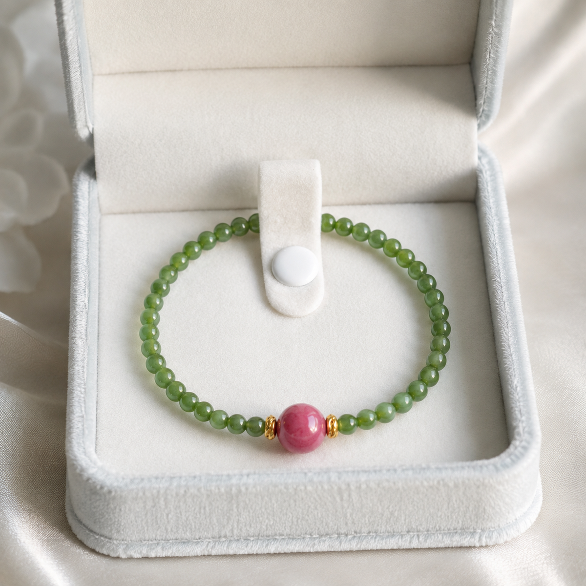Green Nephrite Jade Bracelet with Natural Rhodonite Accent – Handmade Gemstone Bracelet