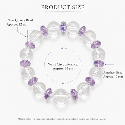 Natural Clear Quartz & Brazilian Amethyst Designer Bracelet – 12mm High-Clarity Quartz with Faceted Amethyst
