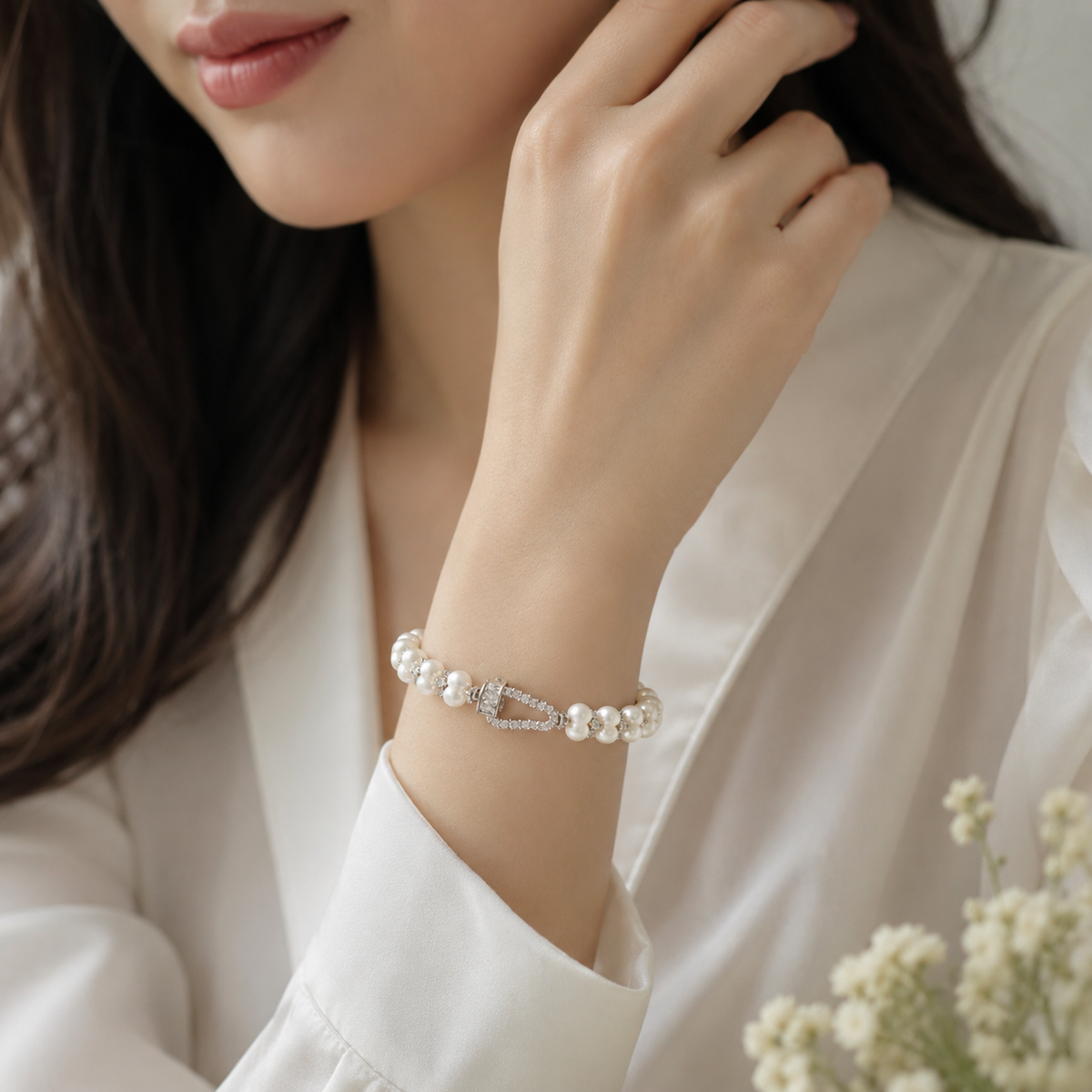 Handcrafted Double Row Freshwater Pearl Bracelet, 6mm Pearl Beaded Bracelet with CZ Crystal Clasp, Elegant Jewelry Gift for Women