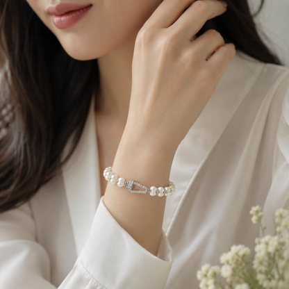 Handcrafted Double Row Freshwater Pearl Bracelet, 6mm Pearl Beaded Bracelet with CZ Crystal Clasp, Elegant Jewelry Gift for Women