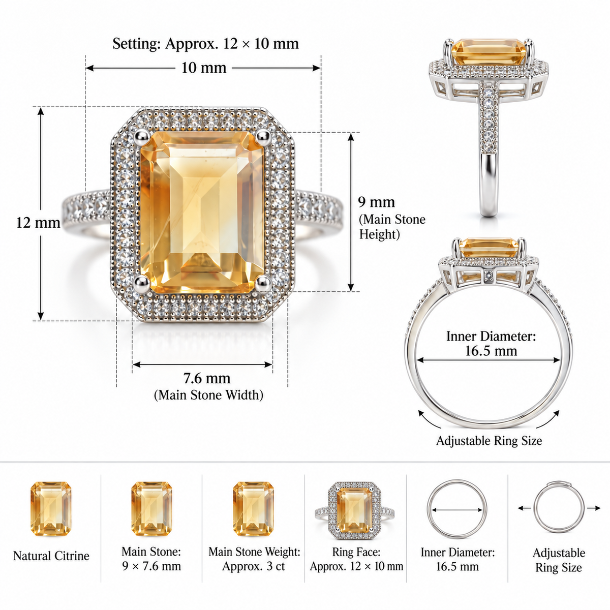 3 Carat Natural Citrine Halo Ring – Emerald-Cut 925 Sterling Silver Adjustable Statement Ring