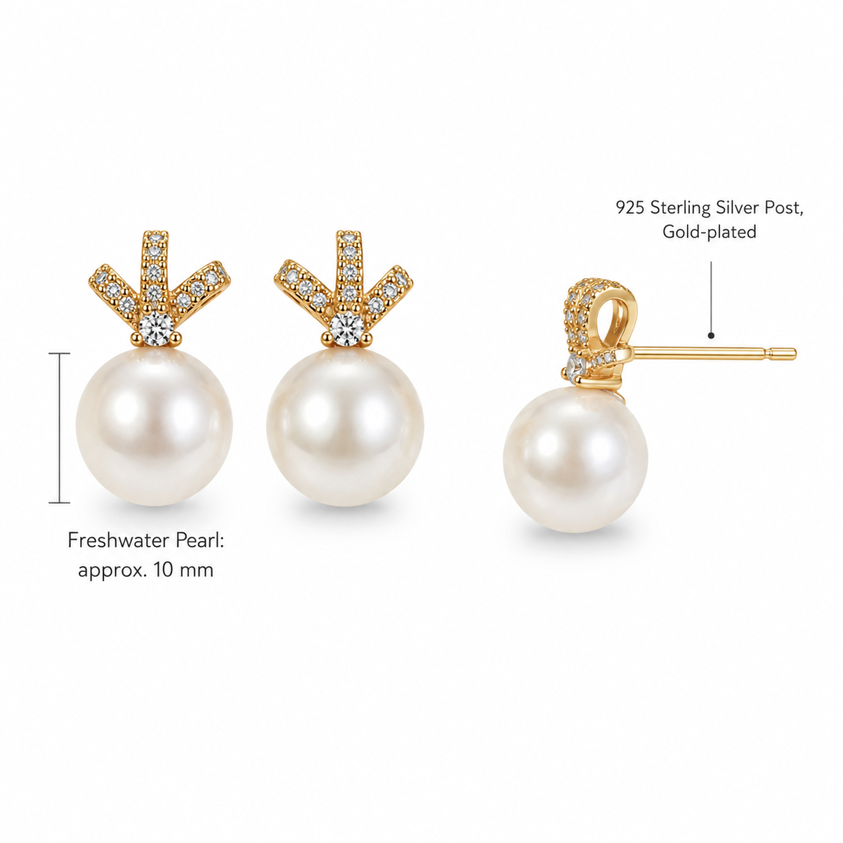 Freshwater Pearl Bow Stud Earrings – Approx. 10mm – Gold-Plated S925 Sterling Silver
