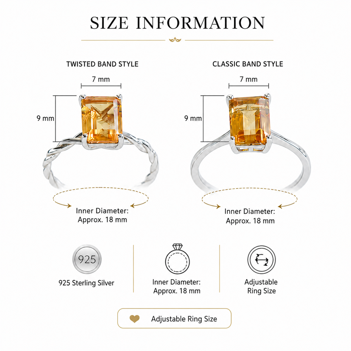 Brazilian Citrine Ring – 2.3 ct Emerald Cut Adjustable 925 Sterling Silver Ring