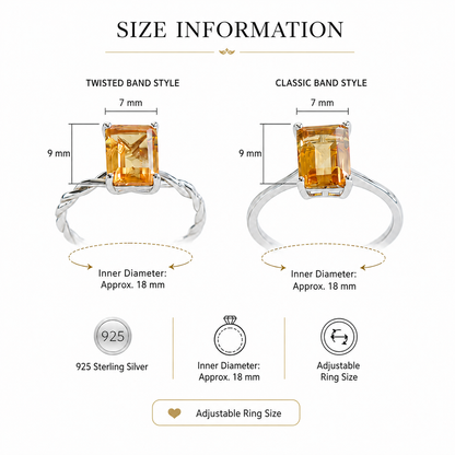 Brazilian Citrine Ring – 2.3 ct Emerald Cut Adjustable 925 Sterling Silver Ring
