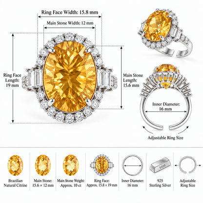 Approx. 10 Carat Brazilian Natural Citrine Oval Halo Statement Ring – 925 Sterling Silver Adjustable Ring