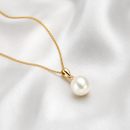 10mm Freshwater Pearl Pendant Necklace with 925 Sterling Silver Gold-Tone Adjustable Chain