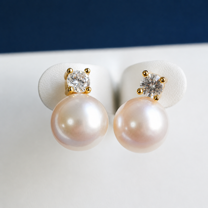 Freshwater Pearl Sparkling Stud Earrings – 8mm / 10mm – S925 Sterling Silver Posts – Gold / Silver