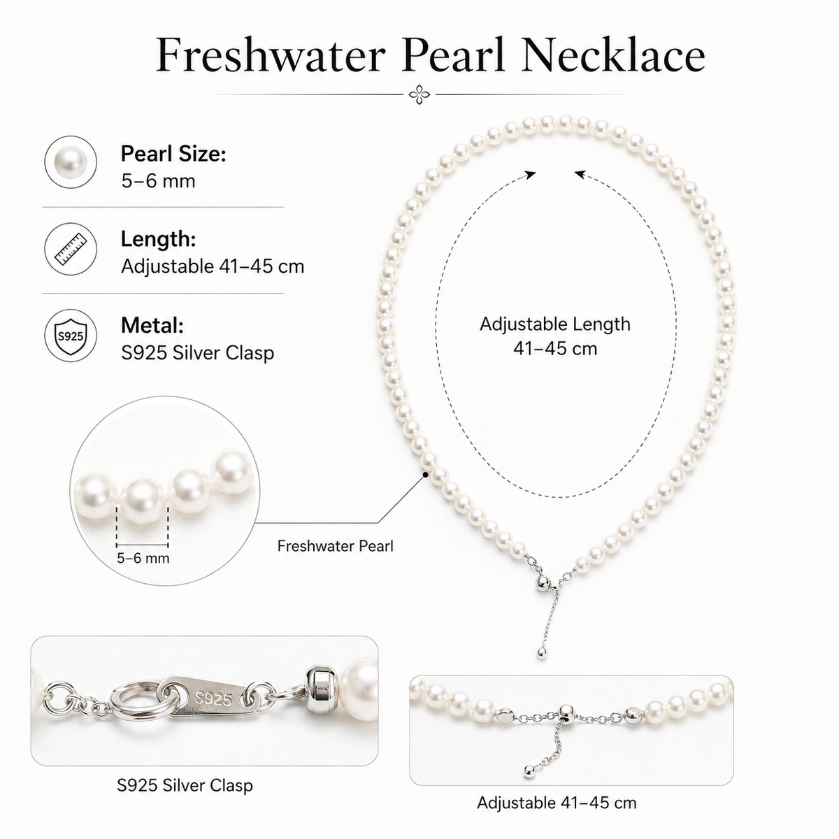5-6mm Freshwater Pearl Necklace, Sterling Silver Clasp, Adjustable Length Pearl Choker Necklace, Elegant Everyday Jewelry