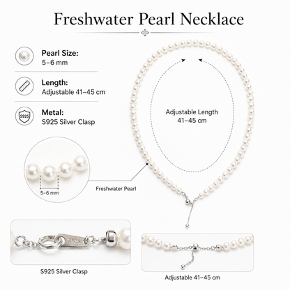 5-6mm Freshwater Pearl Necklace, Sterling Silver Clasp, Adjustable Length Pearl Choker Necklace, Elegant Everyday Jewelry