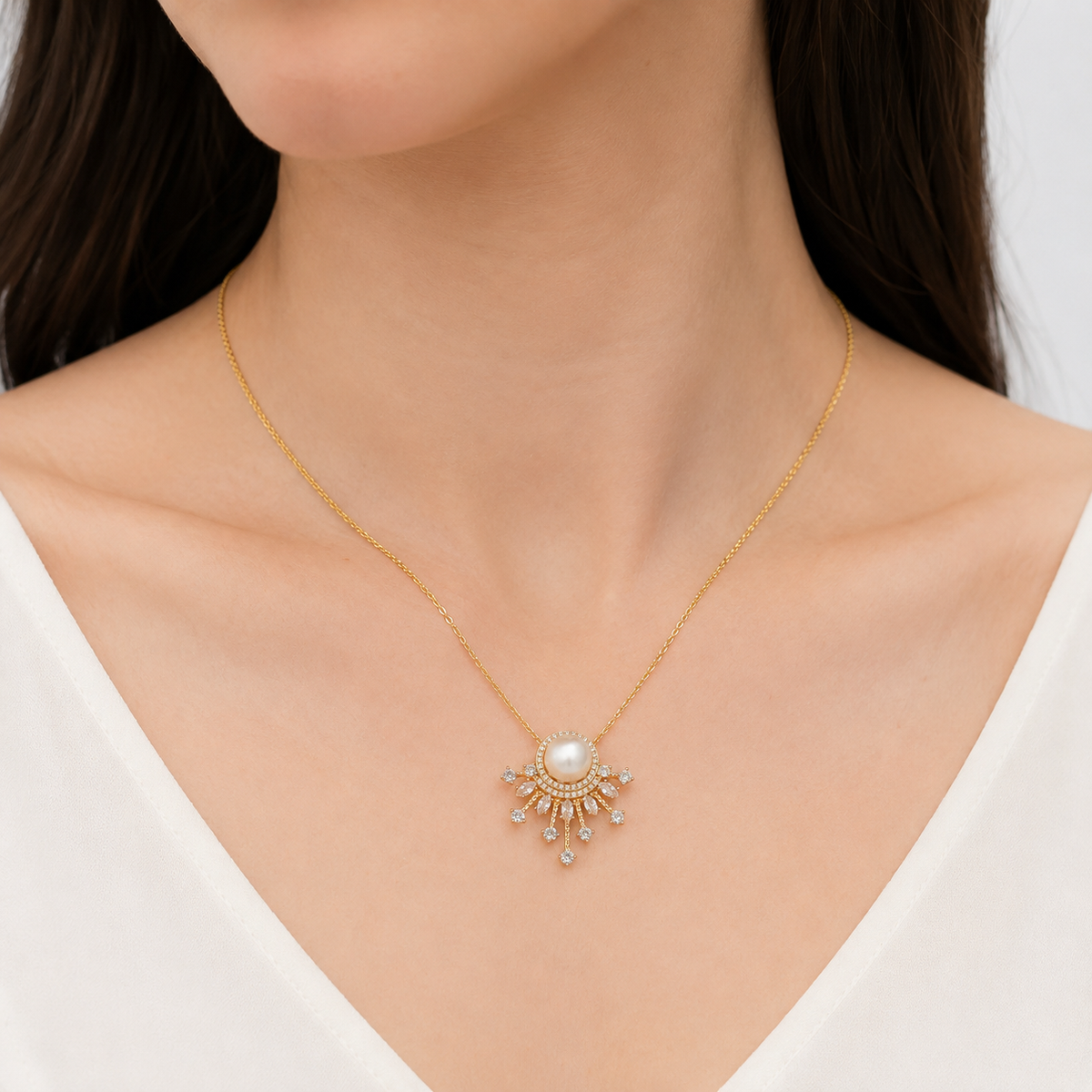 10mm Freshwater Pearl Sunburst Pendant Necklace with 925 Sterling Silver Chain – Elegant Gift for Her