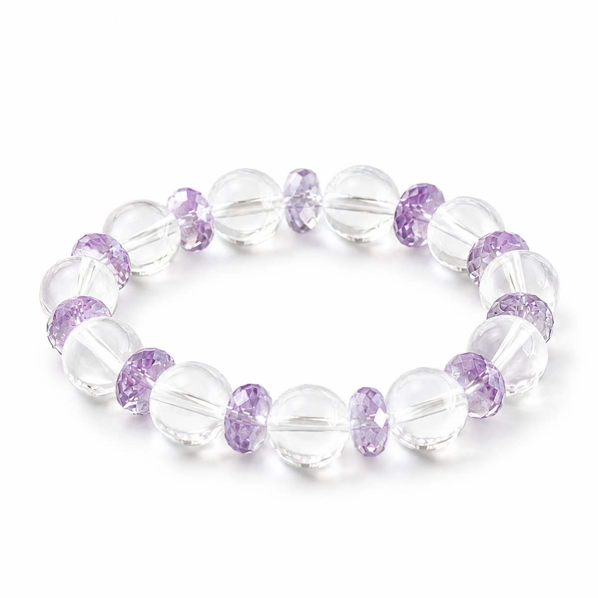Natural Clear Quartz & Brazilian Amethyst Designer Bracelet – 12mm High-Clarity Quartz with Faceted Amethyst