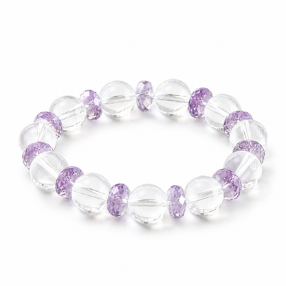 Natural Clear Quartz & Brazilian Amethyst Designer Bracelet – 12mm High-Clarity Quartz with Faceted Amethyst
