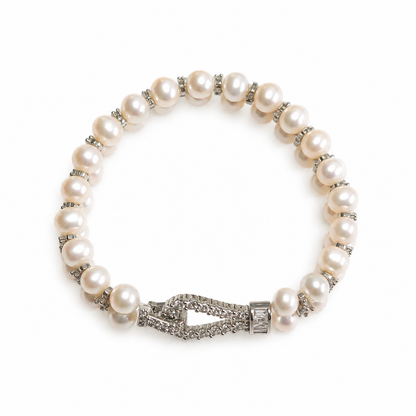 Handcrafted Double Row Freshwater Pearl Bracelet, 6mm Pearl Beaded Bracelet with CZ Crystal Clasp, Elegant Jewelry Gift for Women