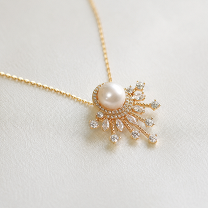 10mm Freshwater Pearl Sunburst Pendant Necklace with 925 Sterling Silver Chain – Elegant Gift for Her